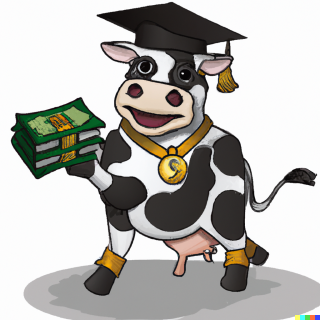 DALL·E 2023-04-01 00.08.16 - a cow mascot adorned with a graduation cap and a stack of cash in its hooves