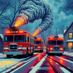 Three fire trucks pass through a small town neighborhood, with eerie sirens, warning lights, and amplified voice warning. It is actually a failed attempt to lift spirits by amplifying "Merry Christmas Ho Ho Ho", but the townspeople think it's an emergency because they can't hear the words so they cower in fear in their houses