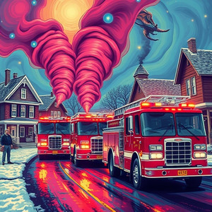 Three fire trucks pass through a small town neighborhood, with eerie sirens, warning lights, and amplified voice warning. It is actually a failed attempt to lift spirits by amplifying "Merry Christmas Ho Ho Ho", but the townspeople think it's an emergency because they can't hear the words so they cower in fear in their houses